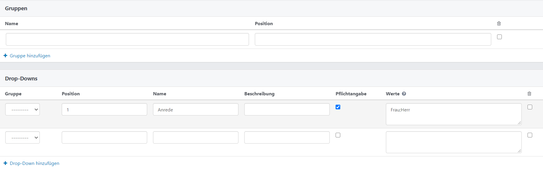 Formular von Gruppen mit den Spalten Name, Position und der Option eine Gruppe hinzuzufügen sowie Drop-Downs eines Kontaktformulars mit den Spalten Gruppe, Position, Name, Beschreibung, Pflichtangabe Ja/Nein, Wertebelegung und der Option ein Drop-Down hinzuzufügen