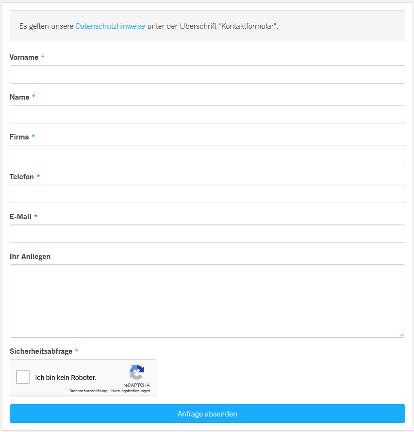 Darstellung des oben beschriebenen Formulars auf der Website
