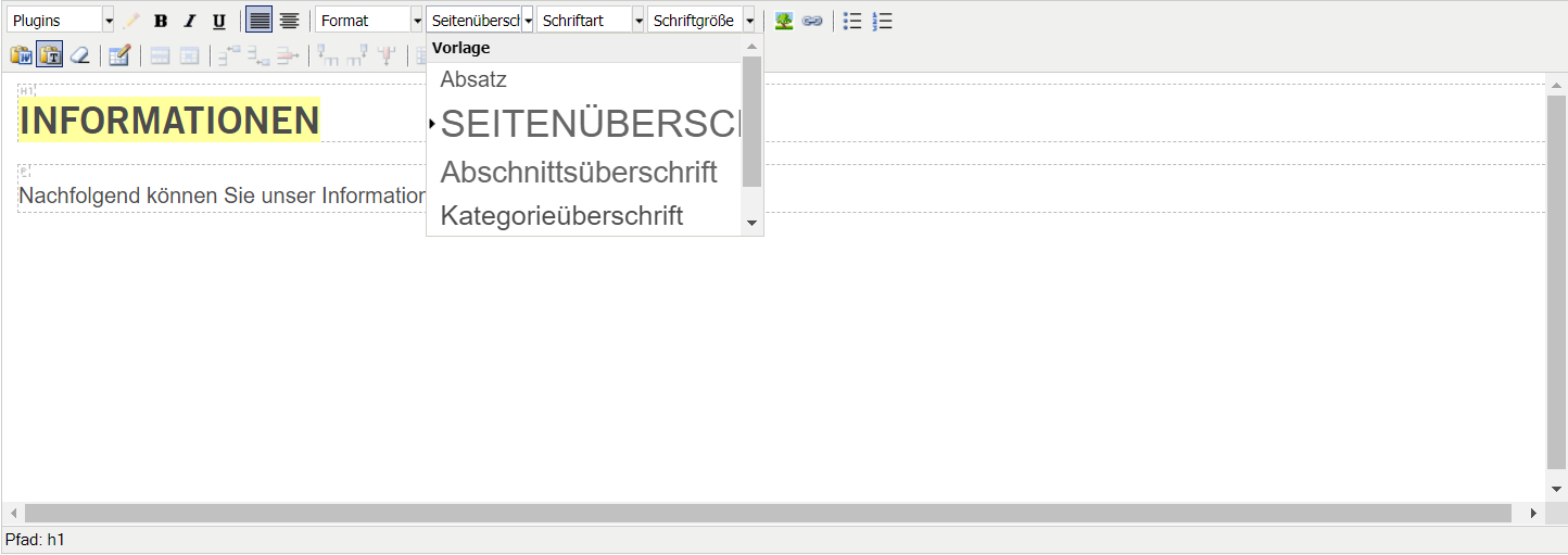 Texteditor im CMS mit einem geöffneten Dropdownmenü der Vorlagen für Überschriften