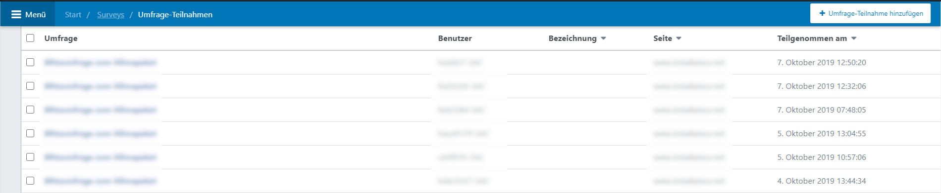 Übersichtsliste aller Umfragen mit den Spalten Umfrage, Benutzer, Beschreibung, Seite, Teilgenommen am