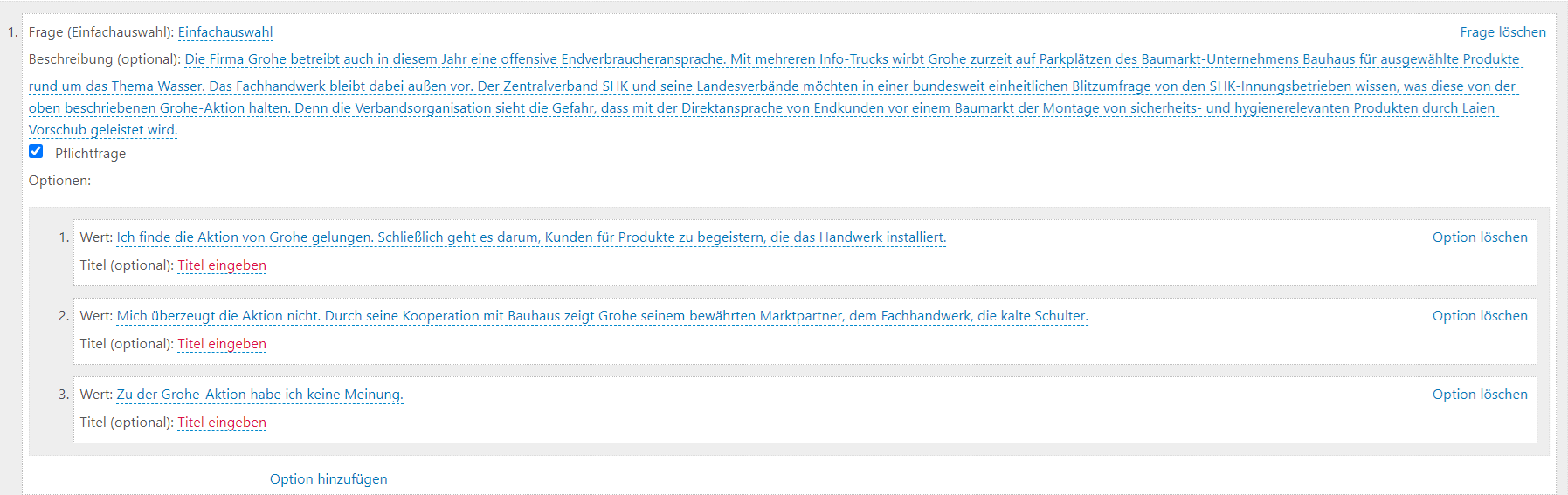 Dieselbe Einfachfrage mit nun befüllten Feldern