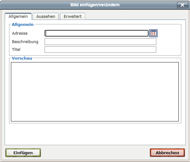 Bild einfügen/ verändern Ansicht mit den Feldern Adresse, Beschreibung, Titel, Vorschau, Aussehen und Erweitert