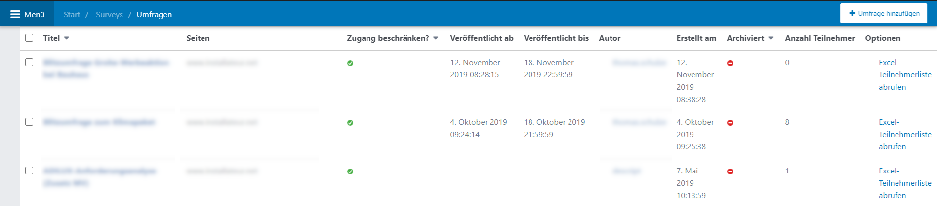 Übersichtsliste der teilgenommenen Nutzer einer Umfrage mit den Spalten Titel, Seiten, Zugang beschränken, Veröffentlicht ab, Veröffentlicht bis, Autor, Erstellt am, Archiviert, Anzahl der Teilnehmer und Optionen