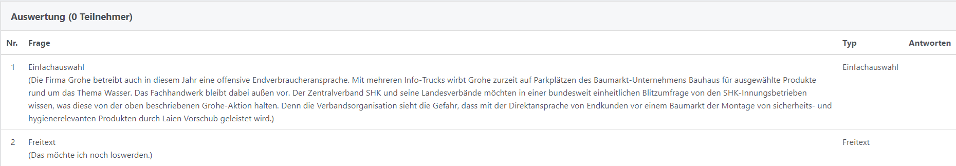 Auswertung einer Umfrage mit den Spaltern Nr., Frage, Typ und Antworten